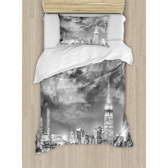 Urban Duvet Cover Set Twin Size, Dramatic New York City Skyline Sun Beams Clouds Skyscrapers Monochrome Landscape, Decorative 2 Piece Bedding Set with 1 Pillow Sham, Black White, by Ambesonne