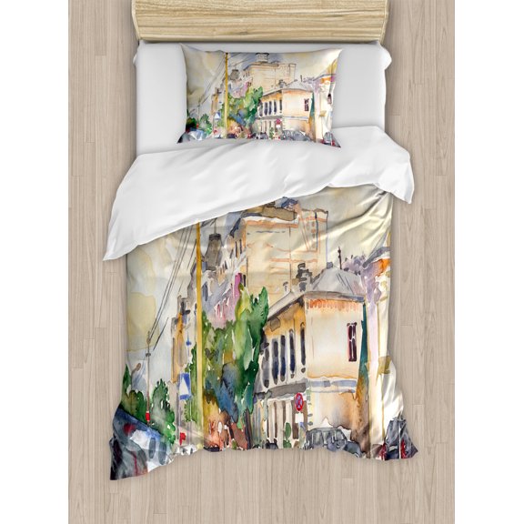 Urban Duvet Cover Set Twin Size, Watercolor Painting of a City Street with Buildings and Cars Soft Artistic Display, Decorative 2 Piece Bedding Set with 1 Pillow Sham, Multicolor, by Ambesonne