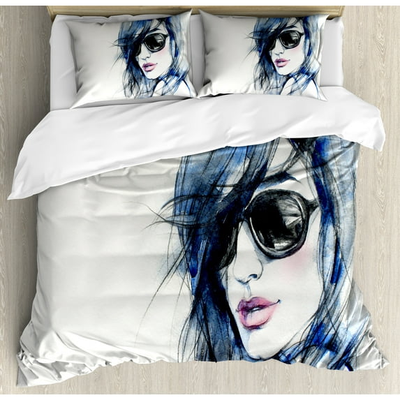 Urban Duvet Cover Set, Woman with Sunglasses and Blue Hair Hand Drawn Art Watercolor Portrait, Decorative 3 Piece Bedding Set with 2 Pillow Shams, Calking Size, Coconut Blue and Black, by Ambesonne