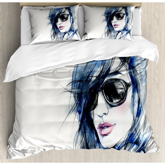 Urban Duvet Cover Set, Woman with Sunglasses and Blue Hair Hand Drawn Art Watercolor Portrait, Decorative 3 Piece Bedding Set with 2 Pillow Shams, King Size, Coconut Blue and Black, by Ambesonne