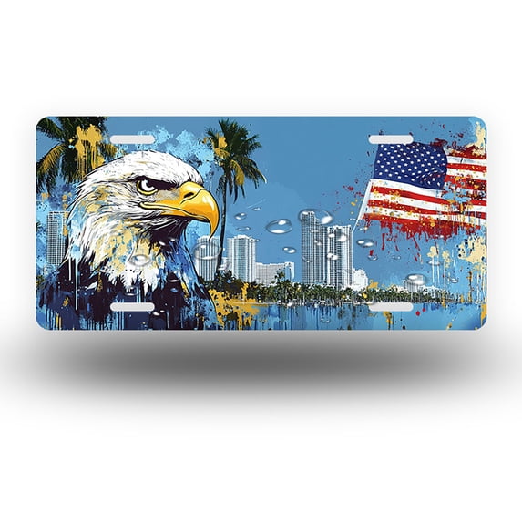 Urban Eagle with Cityscape and Flag Front License Plate, Funny Standard Plates Personalized Novelty Decorative For Men/Women/Boys/Girls Car 6×12 Inch