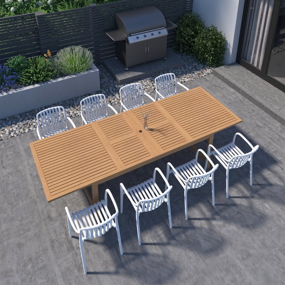 Urban Elements Perry 9-Piece Teak Finish Wood 100% FSC Patio Extendable Dining Set White