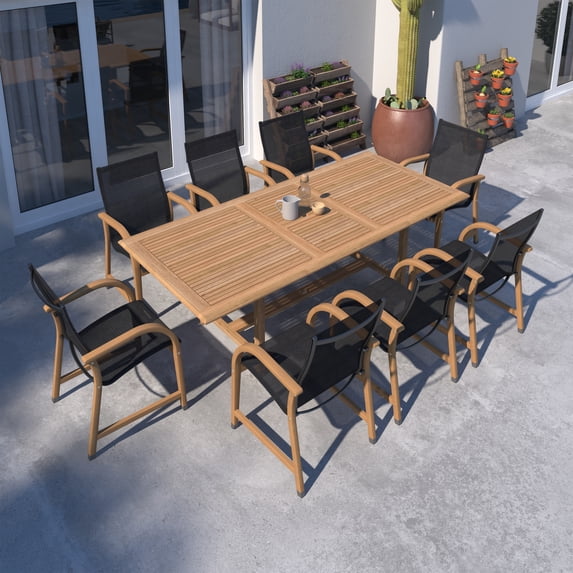 Urban Elements Petro 9-Piece Solid Teak 100% FSC Extendable Patio Dining Set With Black Armchairs