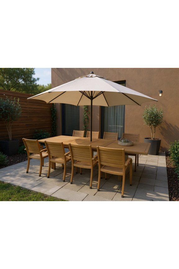 Riverfront 10-Piece 100% FSC Teak Finish Wood Extendable Patio Dining Set with Matching 11.5 ft Teak Patio Umbrella Light Teak