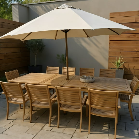 Urban Elements Riverfront 12-Piece 100% FSC Teak Finish Wood Extendable Patio Dining Set with Matching 11.5 ft Teak Patio Umbrella Light Teak