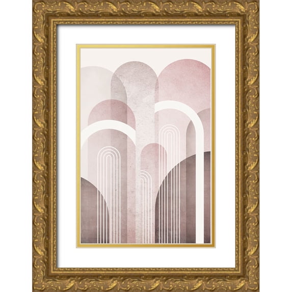 Urban Epiphany 11x14 Gold Ornate Wood Framed with Double Matting Museum Art Print Titled - MidCentury Arches Pink Burgundy 1