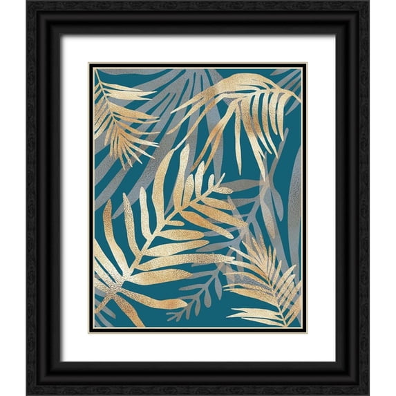 Urban Epiphany 12x14 Black Ornate Wood Framed with Double Matting Museum Art Print Titled - Glam Leaves Teal