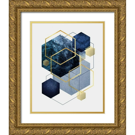 Urban Epiphany 15x18 Gold Ornate Wood Framed with Double Matting Museum Art Print Titled - Navy Gold Geo 2