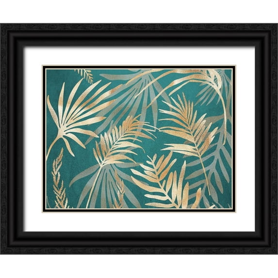 Urban Epiphany 24x19 Black Ornate Wood Framed with Double Matting Museum Art Print Titled - Glam Leaves Teal 1