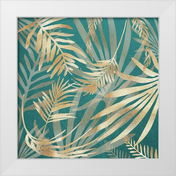 Urban Epiphany 26x26 White Modern Wood Framed Museum Art Print Titled - Glam Leaves Teal 4