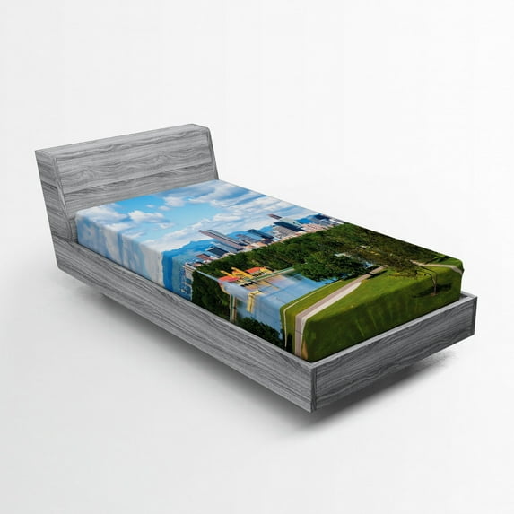 Ambesonne Urban Fitted Sheet, Sunny City Park at Denver, Twin Size, Sky Blue Fern Green