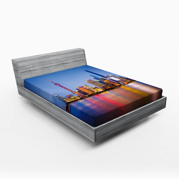 Urban Fitted Sheet, City Skyline of Shanghai China on Huangpu River Dusk Famous Travel Destination, Soft Decorative Fabric Bedding, Queen Size, Blue Pink Yellow, by Ambesonne