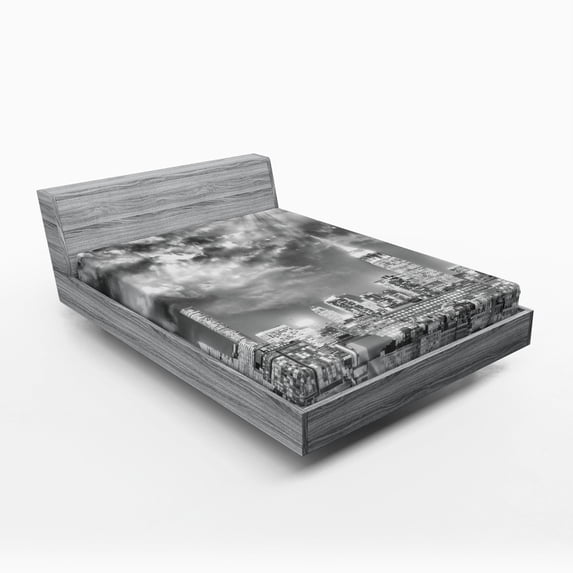 Urban Fitted Sheet, Dramatic New York City Skyline Sun Beams Clouds Skyscrapers Monochrome Landscape, Soft Decorative Fabric Bedding, Full Size, Black White, by Ambesonne