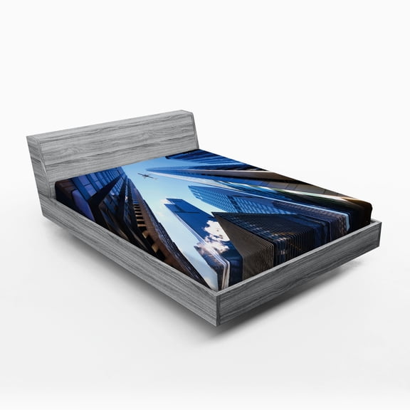 Ambesonne Urban Fitted Sheet, American City Landscape, Queen Size, Blue Grey