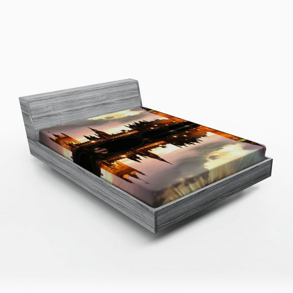 Urban Fitted Sheet, Surreal Evening at Big Ben London Historical Architecture British Town UK Scene, Soft Decorative Fabric Bedding, Queen Size, Cinnamon Grey, by Ambesonne