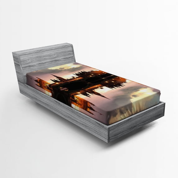 Urban Fitted Sheet, Surreal Evening at Big Ben London Historical Architecture British Town UK Scene, Soft Decorative Fabric Bedding, Twin Size, Cinnamon Grey, by Ambesonne