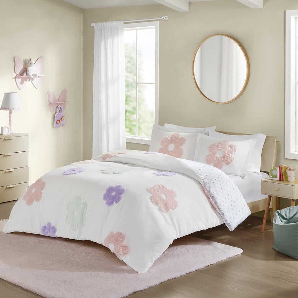 Twin White and Purple Floral Tufted Chenille Duvet Cover Set
