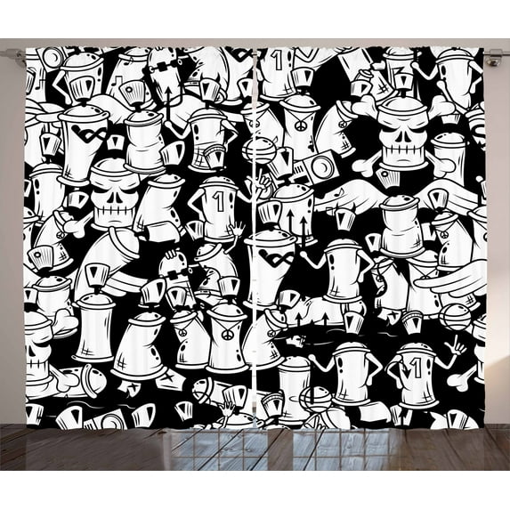 Ambesonne Urban Graffiti Curtains 2 Panel Set, Devil Spray Cans, 108" x 84", Black and White
