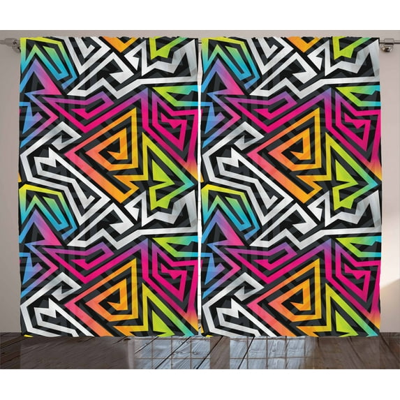 Ambesonne Urban Graffiti Curtains 2 Panel Set, Rainbow Maze, 108" x 63", Multicolor