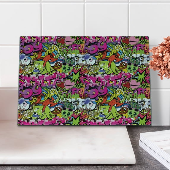 Urban Graffiti Cutting Board, Arrow Pierced Bubbly Hearts and Skull Detailed Sharp Edged Shapes Street Art, Decorative Tempered Glass Cutting and Serving Board, in 3 Sizes, by Ambesonne