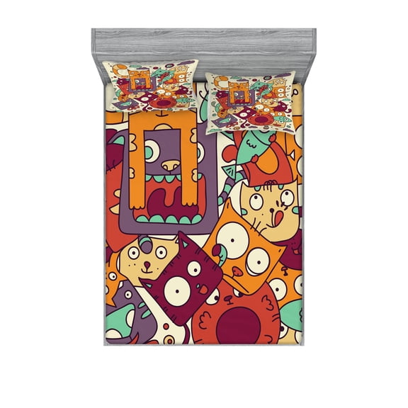 Urban Graffiti Fitted Sheet & Pillow Sham Set, Humorous Doodle of Square Faced Hungry Cats and Fishes Funny Characters, Decorative Printed 6 Piece Bedding Decor Set, Calking, Multicolor, by Ambesonne