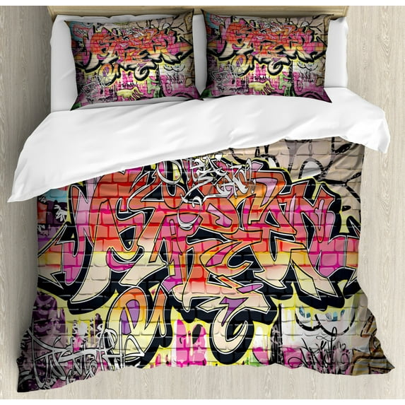 Urban Graffiti King Size Duvet Cover Set, Wild Style Complex Creative Surreal Worlds of Graffiti Comics and Paintings, Decorative 3 Piece Bedding Set with 2 Pillow Shams, Multicolor, by Ambesonne