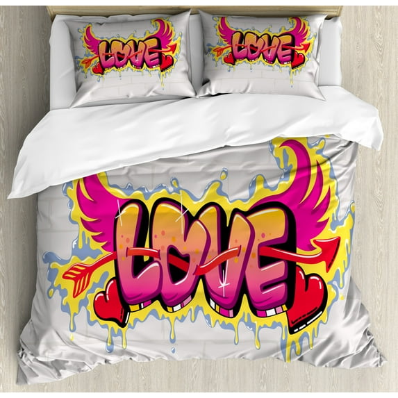 Urban Graffiti Queen Size Duvet Cover Set, Arrow Pierced Love Word as Bubble Letters with Wings on Drippy Painting, Decorative 3 Piece Bedding Set with 2 Pillow Shams, Multicolor, by Ambesonne
