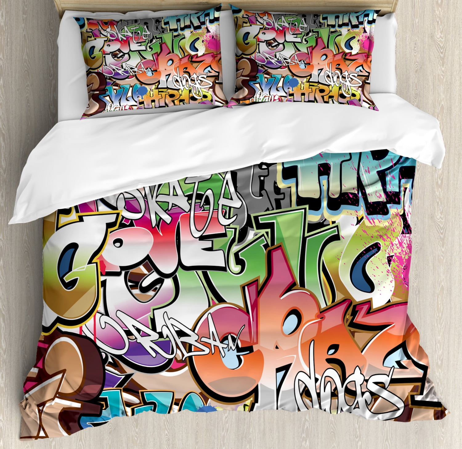 Urban Graffiti Queen Size Duvet Cover Set, Blockbuster Style Graffiti