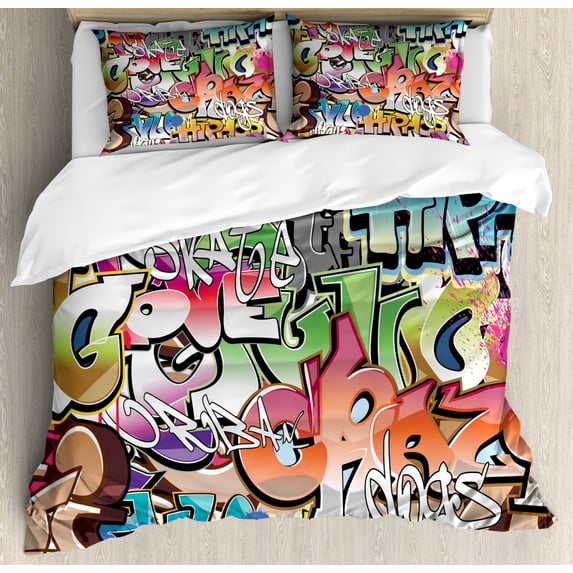 Urban Graffiti Queen Size Duvet Cover Set, Blockbuster Style Graffiti Sprayed Overlapping Blocky Letters Street Art, Decorative 3 Piece Bedding Set with 2 Pillow Shams, Multicolor, by Ambesonne