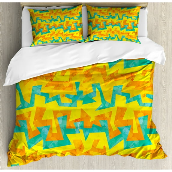 Urban Graffiti Queen Size Duvet Cover Set, Mitered Sharp Edged Strips Graffiti Design Grunge Look, Decorative 3 Piece Bedding Set with 2 Pillow Shams, Yellow Orange and Turquoise, by Ambesonne