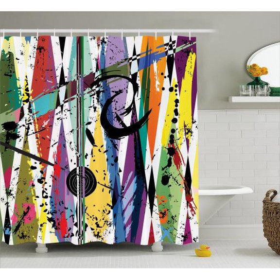 Urban Graffiti Shower Curtain, Bulls Eye Figure Detailed Splashed Paint Design on Abstract Rhombus Pattern, Fabric Bathroom Set with Hooks, 69W X 70L Inches, Multicolor, by Ambesonne
