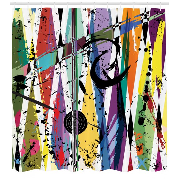 Urban Graffiti Shower Curtain, Bulls Eye Figure Detailed Splashed Paint Design on Abstract Rhombus Pattern, Fabric Bathroom Set with Hooks, 69W X 75L Inches Long, Multicolor, by Ambesonne