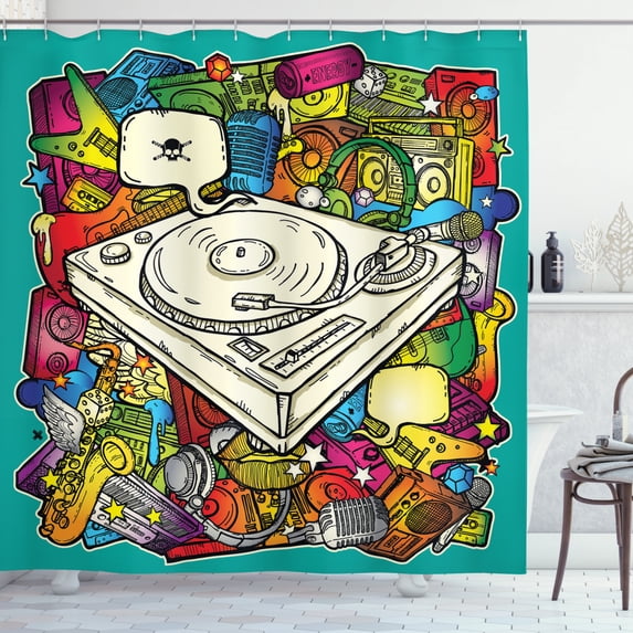 Urban Graffiti Shower Curtain, Hand Drawn Music Instruments Colorful Microphone Saxophone Guitar Headphone, Fabric Bathroom Set with Hooks, 69W X 75L Inches Long, Multicolor, by Ambesonne