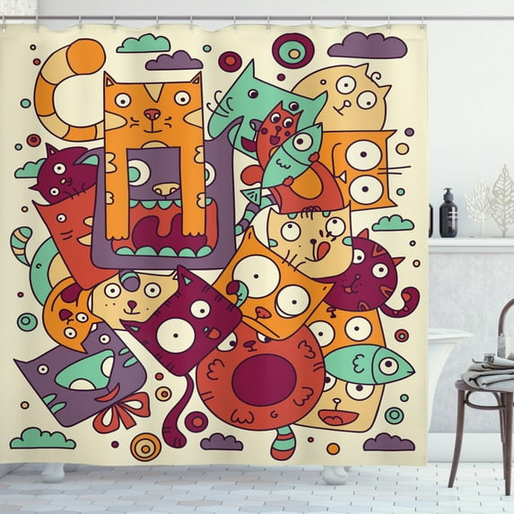 Urban Graffiti Shower Curtain, Humorous Doodle of Square Faced Hungry Cats and Fishes Funny Characters, Fabric Bathroom Set with Hooks, 69W X 84L Inches Extra Long, Multicolor, by Ambesonne