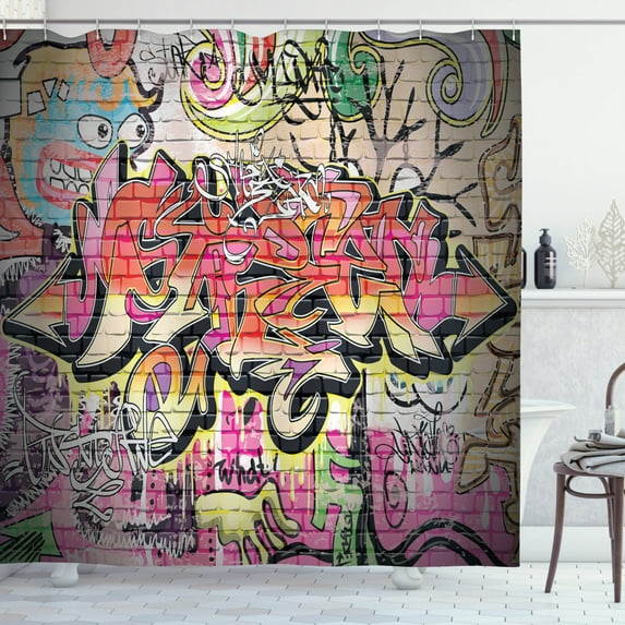 Urban Graffiti Shower Curtain, Wild Style Complex Creative Surreal Worlds of Graffiti Comics and Paintings, Fabric Bathroom Set with Hooks, 69W X 70L Inches, Multicolor, by Ambesonne