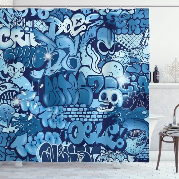 Urban Graffiti Shower Curtain, Xenomorph Alien and Skull on Aquatic Shaded Artistic Street Art, Fabric Bathroom Set with Hooks, 69W X 84L Inches Extra Long, Navy Blue and Pale Blue, by Ambesonne