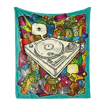 Urban Graffiti Soft Flannel Fleece Blanket, Hand Drawn Music Instruments Colorful Microphone Saxophone Guitar Headphone, Cozy Plush for Indoor and Outdoor Use, 60" x 80", Multicolor, by Ambesonne