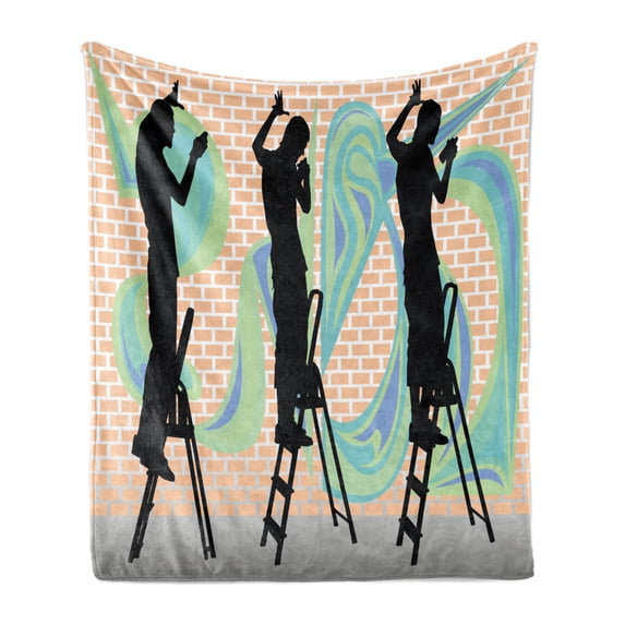 Urban Graffiti Soft Flannel Fleece Blanket, Silhouette of Teenage Graffiti Artists Spraying on Pastel Toned Brick Walls, Cozy Plush for Indoor and Outdoor Use, 70" x 90", Multicolor, by Ambesonne