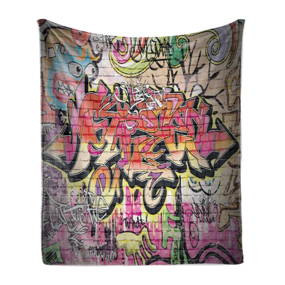 Urban Graffiti Soft Flannel Fleece Blanket, Wild Style Complex Creative Surreal Worlds of Graffiti Comics and Paintings, Cozy Plush for Indoor and Outdoor Use, 50" x 60", Multicolor, by Ambesonne