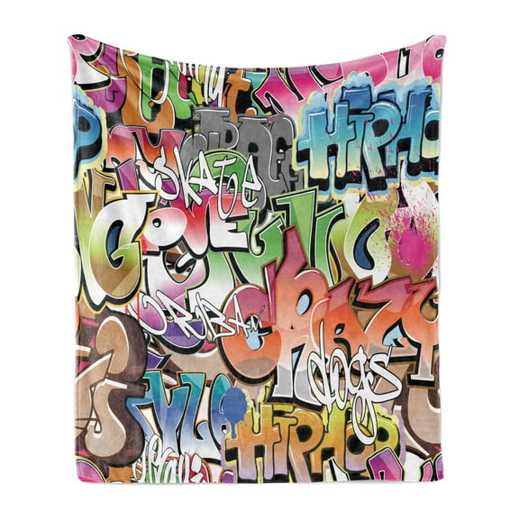 Urban Graffiti Soft Flannel Fleece Throw Blanket, Blockbuster Style Graffiti Sprayed Overlapping Blocky Letters Street Art, Cozy Plush for Indoor and Outdoor Use, 50" x 60", Multicolor, by Ambesonne