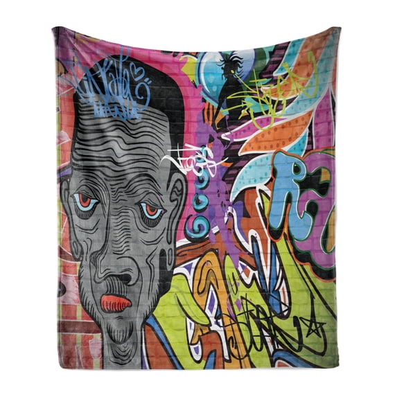 Urban Graffiti Soft Flannel Fleece Throw Blanket, Hip Hop Wall Paintings with Red Eyed Jaded Man and Old School Tags, Cozy Plush for Indoor and Outdoor Use, 70" x 90", Multicolor, by Ambesonne