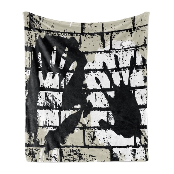 Urban Graffiti Soft Flannel Fleece Throw Blanket, Sprayed Stencil Design of Hand Marks on Chalky Wall Pattern, Cozy Plush for Indoor and Outdoor Use, 70" x 90", Eggshell Black and White, by Ambesonne
