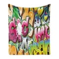 thumbnail image 1 of Urban Graffiti Soft Flannel Fleece Throw Blanket, Throwie Style Wall Graffiti of Bubble Letters Partially Overlapping Words, Cozy Plush for Indoor and Outdoor Use, 50" x 70", Multicolor, by Ambesonne, 1 of 5