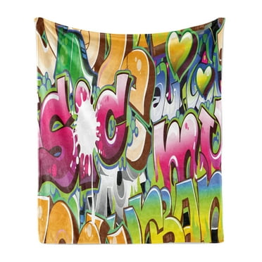 Urban Graffiti Soft Flannel Fleece Throw Blanket, Throwie Style Wall Graffiti of Bubble Letters Partially Overlapping Words, Cozy Plush for Indoor and Outdoor Use, 70" x 90", Multicolor, by Ambesonne