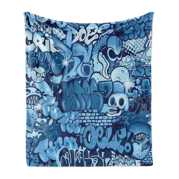 Urban Graffiti Soft Flannel Fleece Throw Blanket, Xenomorph Alien and Skull on Aquatic Shaded Street Art, Cozy Plush for Indoor and Outdoor Use, 70" x 90", Navy Blue and Pale Blue, by Ambesonne