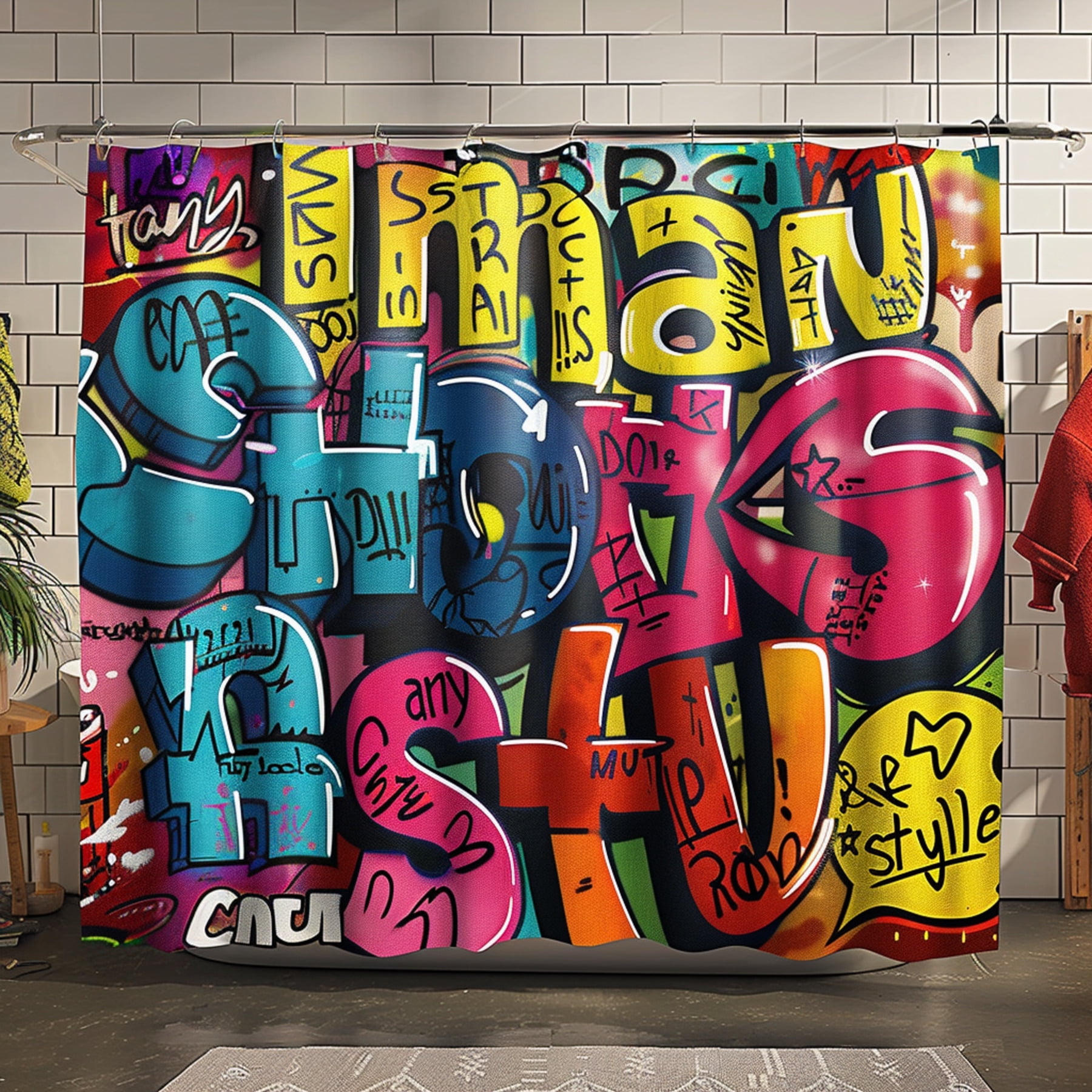 Urban Graffiti Style Shower Curtain with Bold Lettering and Street Art Elements Vibrant and Edgy