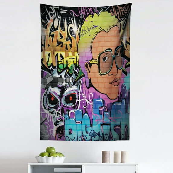 Urban Graffiti Tapestry, Hip Hop Design Graffiti Wall Urban Art Background Man Head Detail, Fabric Wall Hanging Decor for Bedroom Living Room Dorm, 5 Sizes, Multicolor, by Ambesonne