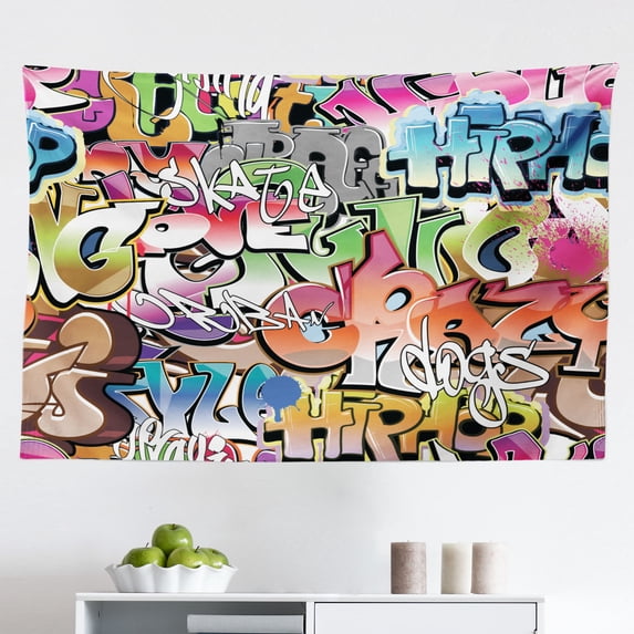 Urban Graffiti Tapestry, Throwie Style Wall Graffiti of Bubble Letters Partially Overlapping Words, Fabric Wall Hanging Decor for Bedroom Living Room Dorm, 2 Sizes, Multicolor, by Ambesonne
