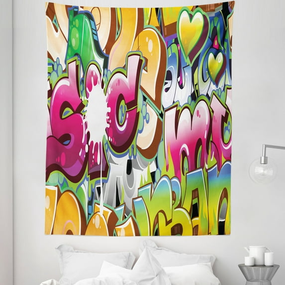 Urban Graffiti Tapestry, Throwie Style Wall Graffiti of Bubble Letters Partially Overlapping Words, Fabric Wall Hanging Decor for Bedroom Living Room Dorm, 5 Sizes, Multicolor, by Ambesonne