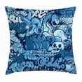 thumbnail image 1 of Urban Graffiti Throw Pillow Cushion Cover, Xenomorph Alien and Skull on Aquatic Shaded Artistic Street Art, Decorative Square Accent Pillow Case, 16 X 16 Inches, Navy Blue and Pale Blue, by Ambesonne, 1 of 2